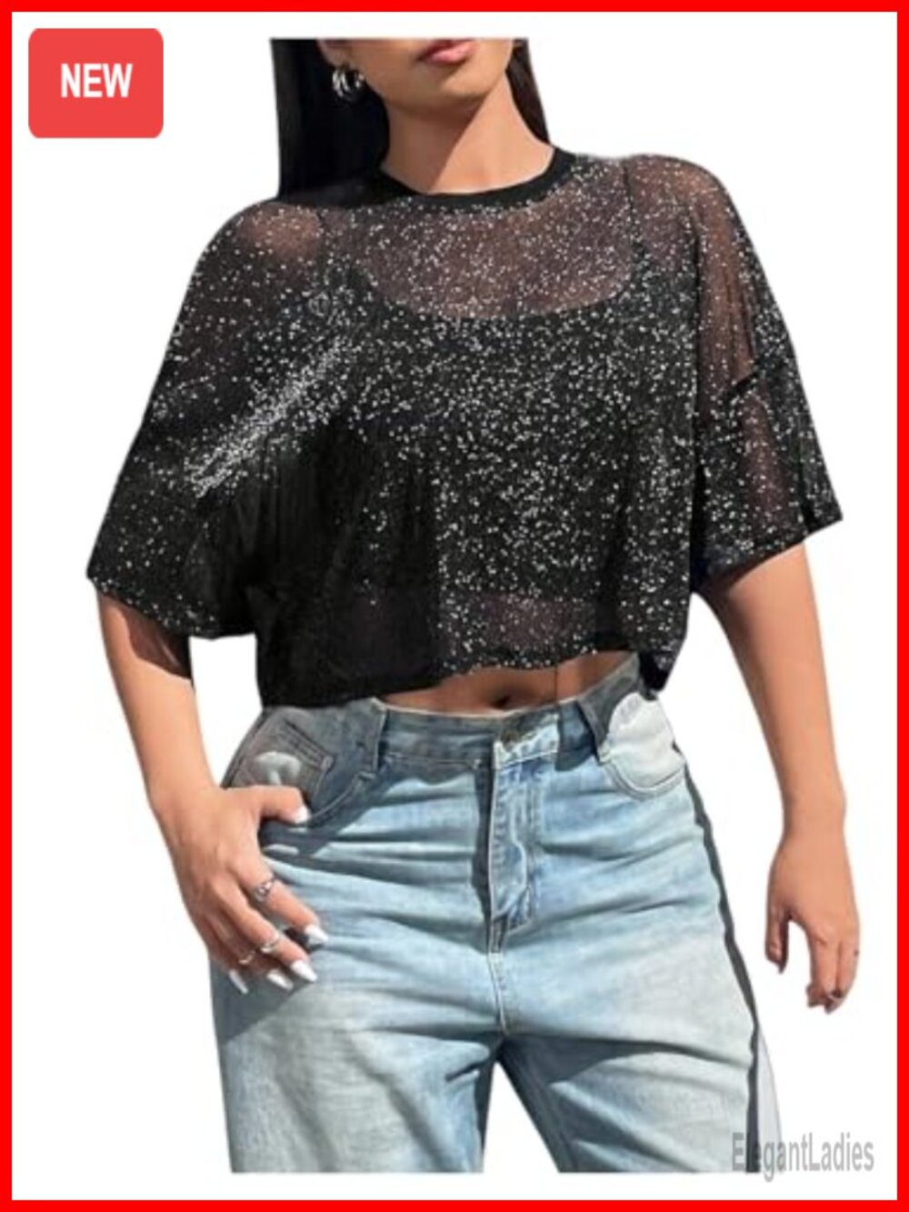 Women's Plus Size Sparkly Glitter Mesh Sheer Crop Top Short Sleeve Crew Neck